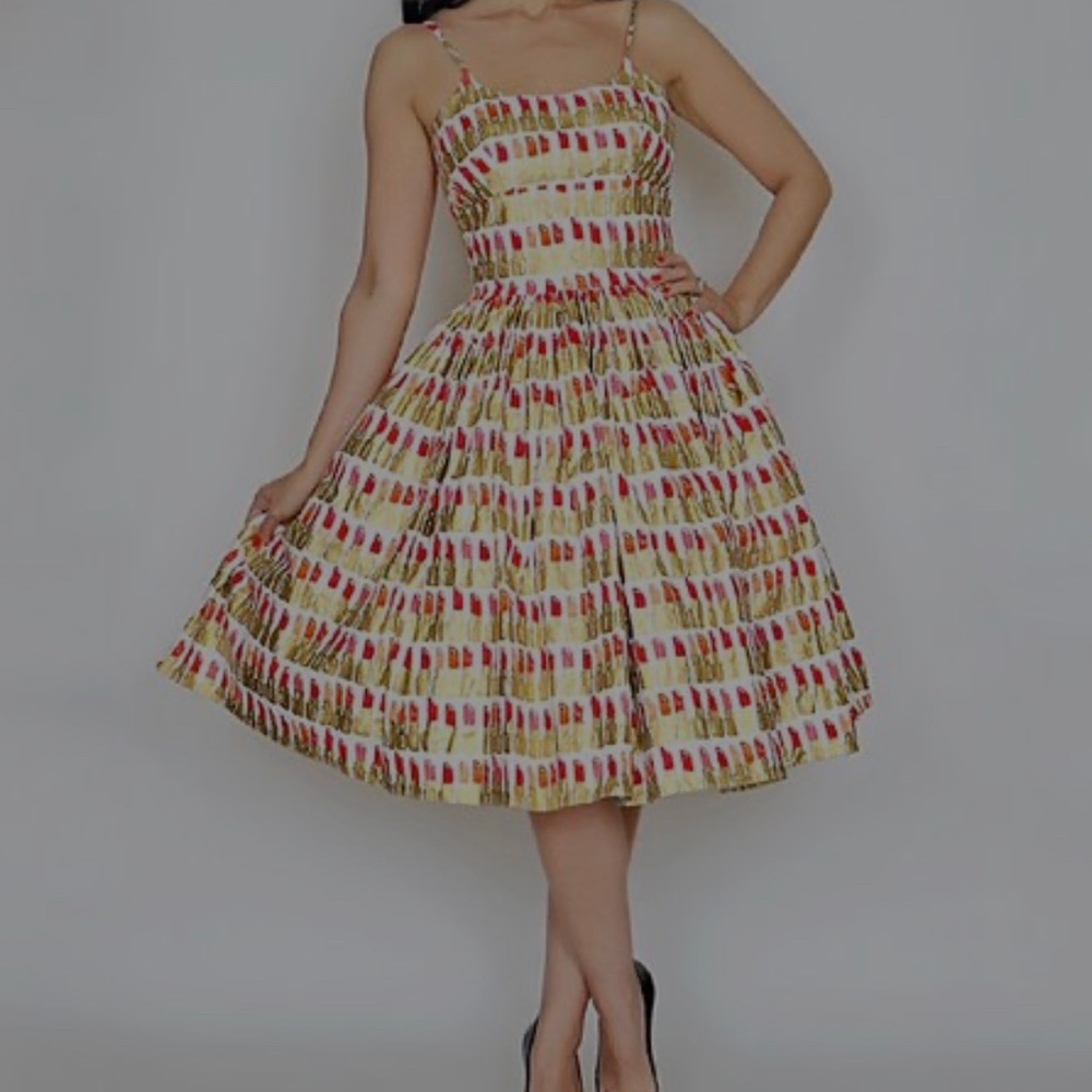 Bernie Dexter XS Pin-Up Retro Style Dress with Pockets Gold & White Lipstick - Picture 2 of 7